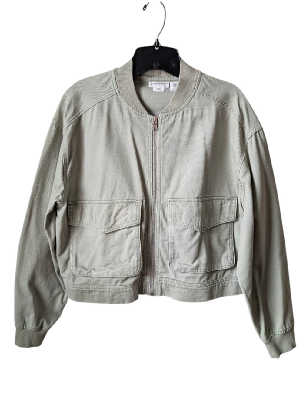 Nicole Miller Celery Green 100% Cotton Twill Bomber Jacket Medium Neutral Utilit